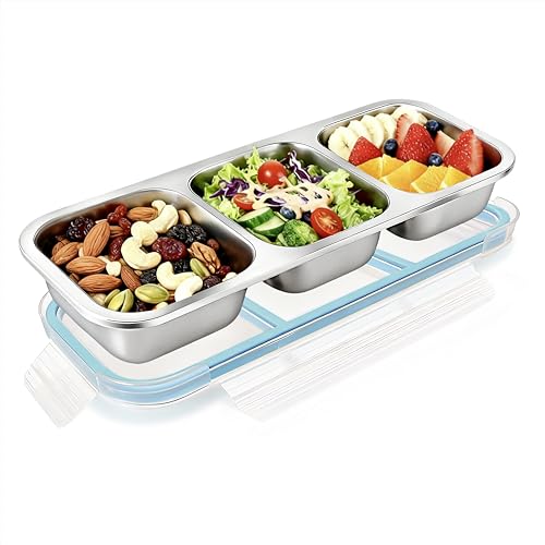 Stylish Blue Stainless Steel Lunch Box for Women - 3-Compartment Leak-Proof Snackle Box, Reusable Snack Containers with Lids for Kids & Adults, Stainless Steel Snack Containers & Storage Containers - color: 3 Compartments Blue