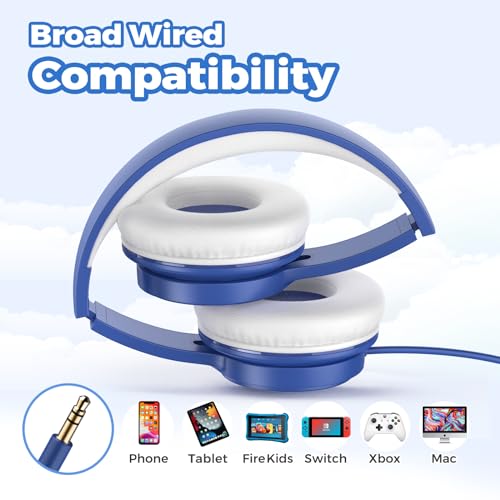 TuneFlux Upgraded Kids Headphones, Wired Toddler Headsets, 85dB Limited Volume On Ear Headphones, Portable Foldable Design, Stereo Sound Kids Headsets for School/Tablet/Travel-Sapphire Blue - color: Sapphire Blue