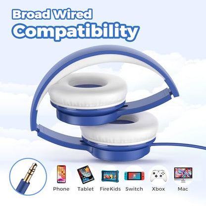 TuneFlux Upgraded Kids Headphones, Wired Toddler Headsets, 85dB Limited Volume On Ear Headphones, Portable Foldable Design, Stereo Sound Kids Headsets for School/Tablet/Travel-Sapphire Blue - color: Sapphire Blue