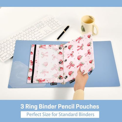 Strawberries Bows Pink Pencil Pouch for 3 Ring Binder 2 Pack Zipper Binder Pencil Bag with Clear Window Pencil Case for Office Supplies - color: Multi23