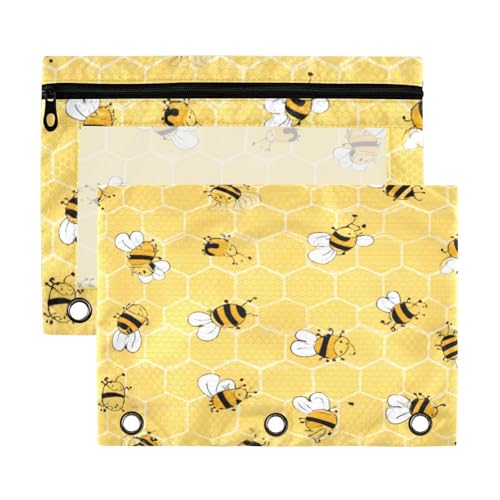 Kcldeci Pencil Pouch for 3 Ring Binder, Bees on The Honey Honeycombs 2 Pack Binder Pencil Pouch with Clear Window Pencil Bags with Zipper Pencil Case for Binder - color: B07