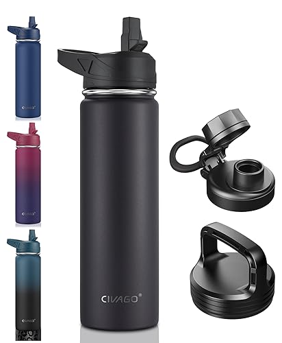 CIVAGO 22 oz Insulated Water Bottle With Straw, Stainless Steel Sports Water Flask Cup with 3 Lids (Straw, Portable Spout and Handle Lid), Double Walled Travel Thermal Canteen Mug, Black - color: Black, size: 22 Ounces