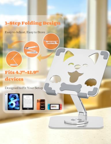 Aoviho Adjustable Tablet Stand for iPad - 360° Rotating Aluminum Desk Holder, Foldable Stable Stand for iPad Pro 12.9/11, Samsung Galaxy Tab, Home Office & Travel, Silver - color: Silver
