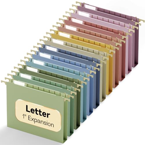 Plastic 1" Expanding Heavy Duty Hanging File Folders Letter Size | 12 Pack Reinforced Hang Folder with Tabs,Pastel Hanging File Organizer for File Box,Filing Cabinet Folder for School Office - size: 1" Expansion