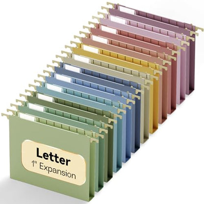Plastic 1" Expanding Heavy Duty Hanging File Folders Letter Size | 12 Pack Reinforced Hang Folder with Tabs,Pastel Hanging File Organizer for File Box,Filing Cabinet Folder for School Office - size: 1" Expansion