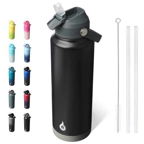 BJPKPK Insulated Water Bottle with Straw Lid, 40oz Large Thermo, BPA Free Leak Proof Stainless Steel Metal Water Bottles, Tumblers, Cups, Flasks for Travel, Sports,Black - color: Black, size: 40 Ounces