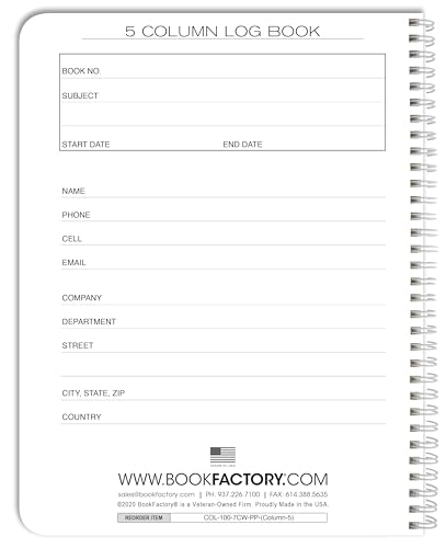 BookFactory 5 Column Log Book, Wire-O, 100 Pages | Columnar Notebook Format, 8.5'' x 11'' - Made in USA - size: 5 Column, style: Wire-O