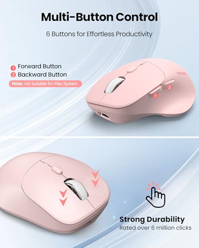TECKNET Wireless Mouse Bluetooth 5.0/3.0 & 2.4G Rechargeable, Silent Clicks, Adjustable 4800 DPI, 6 Buttons, Ergonomic Design, Bluetooth Mouse for Laptop, Computer, ipad - Pink - color: Pink