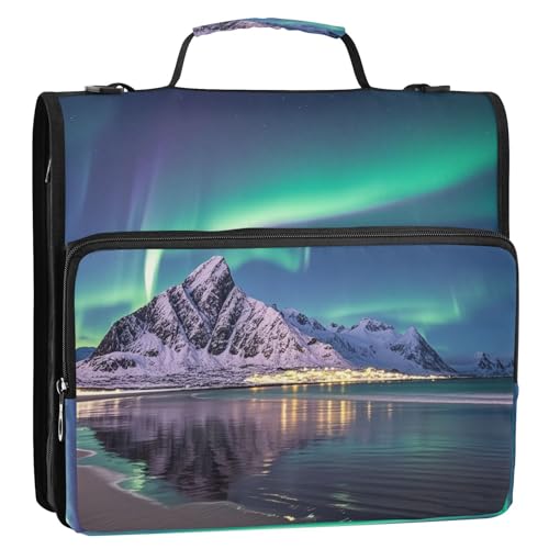 Zipper Binder 3 Ring Northern Lights 1.5 inch D-Ring Binder Bag with Zipper Multiple Storage Expanding Pockets File Folder Document Organizer - color: Northern Lights