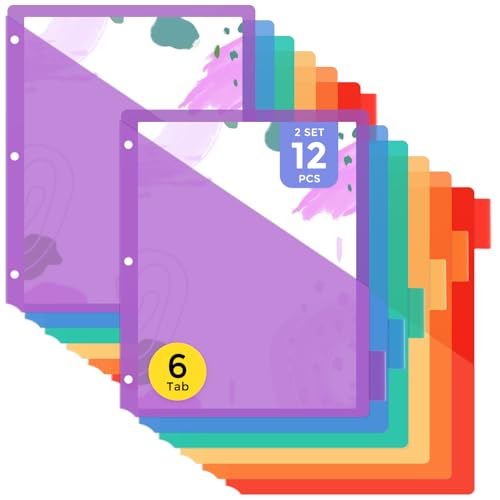 12 Count Binder Dividers with Front Pocket – Dividers for 3 Ring Binder, Plastic Rainbow Colorful Notebook Subject Folders Dividers with Tabs & Insertable Pockets for School, Office, Home Organization