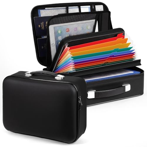 Fireproof File Organizer with Lock, Hard Expanding Document Organizer with 13 Pockets Accordion File Folder, Zipper and Labels, Portable Office Home Travel Safe Storage for Important Documents, Files