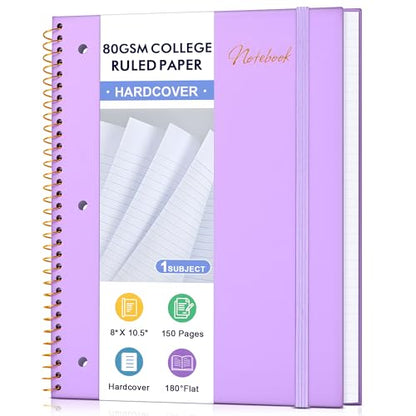 Spiral Notebook College Ruled Paper 8" x 10-1/2", 1 Subject Spiral Notebook 80GSM Paper, 3-Hole Punched Perforated Pages Ideal for School, Office, Writing, 75 Sheets Lined Journaling Notebook, Purple - color: Purple