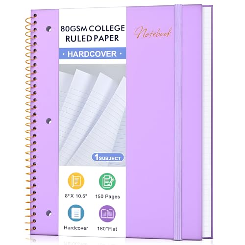 Spiral Notebook College Ruled Paper 8" x 10-1/2", 1 Subject Spiral Notebook 80GSM Paper, 3-Hole Punched Perforated Pages Ideal for School, Office, Writing, 75 Sheets Lined Journaling Notebook, Purple - color: Purple