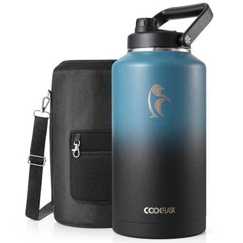 Coolflask Titan 2 Gallon Insulated Water Bottle, 256 oz Large Water Jug Stainless Steel with Leakproof Handle Spout Lid & Sleeve, Wide Mouth Metal Flask for Camping or Work, Samurai Cyan - color: Samurai Cyan, size: 256 Ounces