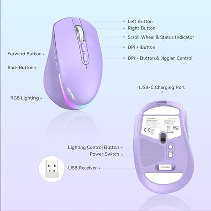 TECKNET Wireless Mouse Jiggler, Rechargeable Mouse with Built-in Mouse Mover, 6 Adjustable DPI & 14 LED Modes, Silent Click, Undetectable Random Movement Keeps Computer Awake for Laptop/PC/Mac- Purple - color: Purple