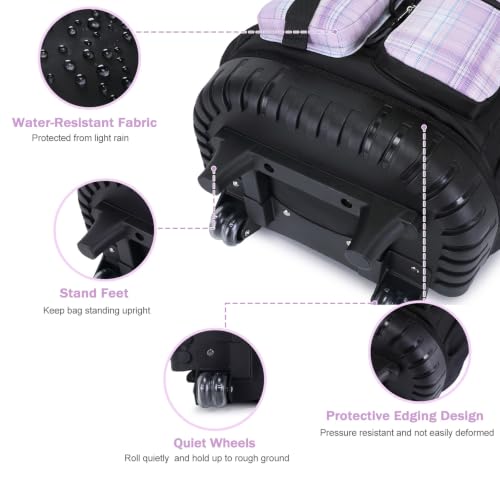 Bevalsa Rolling Backpack for Girls, Roller Backpack with Wheels, Cute Bow Wheeled School Bookbag Set with Lunch Bag & Pen Case, Suitcases for Kids Teens Elementary Middle Student (Black Purple) - color: Black Purple