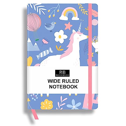 RICCO BELLO Wide Ruled Hardcover Notebook, Blue Unicorn | For Kids, Tweens, Bookmark, Band Closure, Storage Pocket, 5.7 x 8.4 Inches, 192 Pages - color: Blue Unicorn