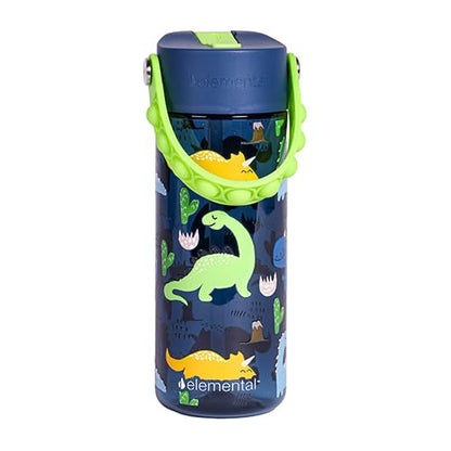 Elemental Water Bottles for Kids - Splash Kids Water Bottle for School with Pop-it Handle - BPA Free Tritan Plastic Water Bottle with Straw Leak Proof when Spout is Closed - Dinosaur- 18oz - color: Dinosaur (Navy Blue) 18oz