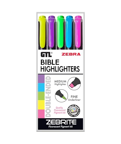 G.T. Luscombe Company, Inc. Zebrite Double Ended Bible Highlighters | No Bleed Pigmented Ink, No Fading or Smearing | Double Ended Fluorescent Multicolor for Highlighting & Underlining (Set of 5) - size: 5 Count (Pack of 1)