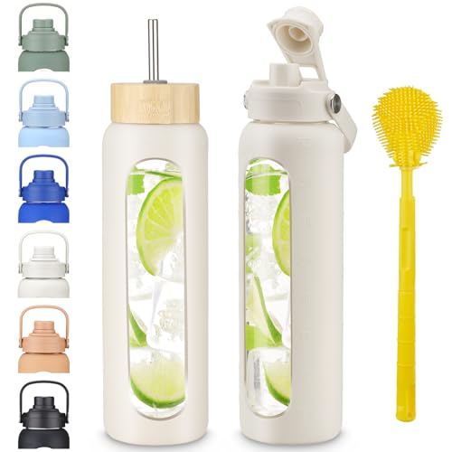 32 oz 1L Borosilicate Glass Water Bottle with Bamboo Lid, Stainless Steel Straw, 2 Leak-Proof Lids, Silicone Sleeve, BPA Free for Gym, Office, Home & Travel - color: Ivory White, size: 32 Ounces