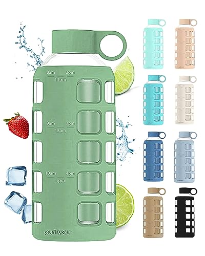 purifyou 40oz / 32oz / 22oz / 12oz Borosilicate Glass Water Bottle with Time & Volume Markers, Silicone Sleeve, Stainless Steel Lid | Reusable Glass Bottle for Water & Juice (22oz Shale Green) - color: Shale Green (1 Count), size: 22 Ounces