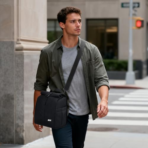 MIER Insulated Lunch Bag Roll Top Lunchbox for Women Men Adults Foldable Rolltop Lunch Tote with Shoulder Strap for Work Office Picnic, Water Bottle Holder, Black - color: Black