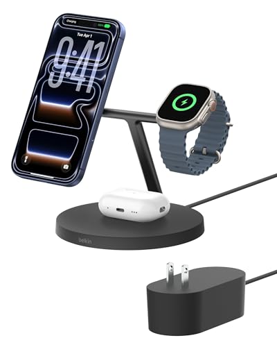 Belkin MagSafe-Compatible iPhone Charger, 3-in-1 Wireless Charging Station, Qi2-Certified 15W Wireless Charge for Apple iPhone 17 Series, Apple Watch, AirPods w/Non-Slip Base, 40W Included - Black - color: Black, style: Matte Finish