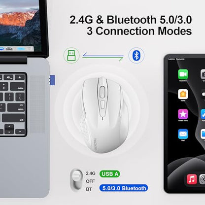 TECKNET Wireless Mouse, BT 5.0/2.4G, Rechargeable 6-DPI Silent, White | Bluetooth 5.0/3.0 & USB A, 2-Device Easy Switch, Wide OS Compatible, 6 Buttons, 6-DPI up to 4800, Ergonomic for S to M Hands - color: White