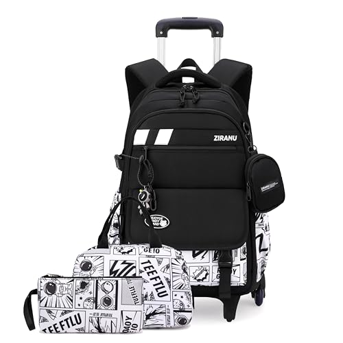 EKUIZAI 3PCS Boys Rolling Backpack for School Kids Wheeled School Bags with Wheels Trolley Roller Backpack for Teen Boys - color: 3pcs Caricature Print, size: 3 Pieces (6 Wheels)