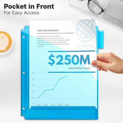 Dunwell Plastic Binder Dividers with Front Pocket (5 Tab), Clear Slash Single Pocket Divider with Tabs, 3 Ring Binder Pockets with Index Tab, Acid-Free, Notebook Dividers Include Label Inserts - size: 1 Set (5 pcs), style: 1 Pocket