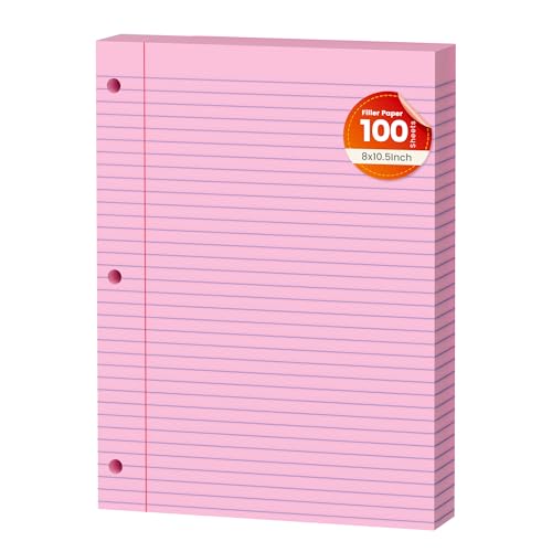 Pink Loose Leaf Paper 100 Sheets Colored Filler Paper 8 * 10.5 College Ruled 3-Hole Punched Paper for 3-Ring Binders Notebook Lined 8" x 10.5" - color: Pink 1 Pack