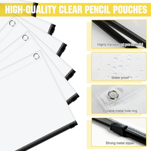 Lincia 24 Pack Clear Pencil Pouch for 3 Ring Binder Pencil Case with Zipper 3 Ring Binder Pocket Insert Bag 10 x 7'' Visible Cash Envelope with Re-enforced Grommet for Office(Black, Clear) - color: Black, Clear