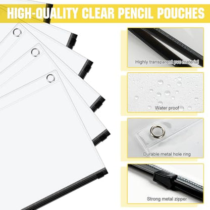 Lincia 24 Pack Clear Pencil Pouch for 3 Ring Binder Pencil Case with Zipper 3 Ring Binder Pocket Insert Bag 10 x 7'' Visible Cash Envelope with Re-enforced Grommet for Office(Black, Clear) - color: Black, Clear