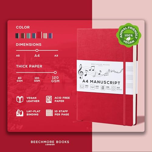Beechmore Books Blank Sheet Music Notebook – A4 8.5"x11.5" for Songwriters, Musicians & Composers, 156 Thick 120gsm Pages, 10-Staff Perforated Sheets, Vegan Leather Hardcover, Elastic Closure, Gift Box - color: Scarlet Red