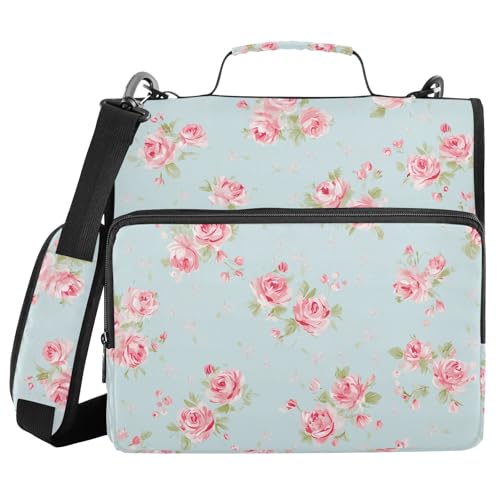3 Ring Zipper Binder with Shoulder Strap Handle Shabby Chic Rose Vintage Portfolio File Organizer Bag School Office 500 Sheets Capacity 1.5 inch Ring