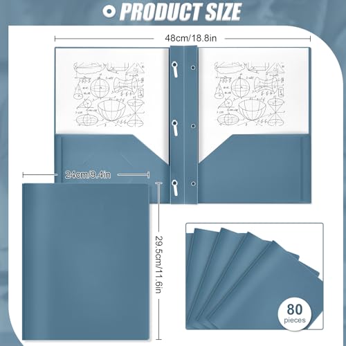 Yeaqee 80 Pcs Plastic Folders with Pockets and Prongs Plastic Folder 2 Pockets 3 Prongs with Business Card Slot Back to School Folders for Students, Teachers, Office Workers (Blue-Gray) - color: Blue Gray