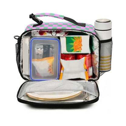 Custom Student Lunch Bag for Boys Girls Green Pink Checkered Personalized Lunch Box With Name Insulated Cooler Bag for School Picnic Travel - color: Multi15