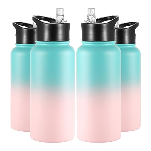VEGOND 32 oz Insulated Water Bottle Bulk Stainless Steel Metal Water Bottles with Leak Proof Straw Lid & Spout Lid, Wide Mouth Double Walled Vacuum Travel Sports Bottle, 4 Pack - color: Bubble Gum, size: 32oz-4 Pack