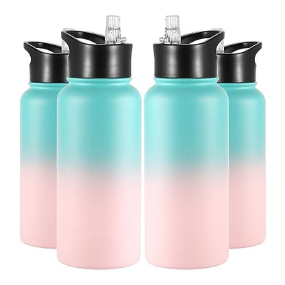 VEGOND 32 oz Insulated Water Bottle Bulk Stainless Steel Metal Water Bottles with Leak Proof Straw Lid & Spout Lid, Wide Mouth Double Walled Vacuum Travel Sports Bottle, 4 Pack - color: Bubble Gum, size: 32oz-4 Pack