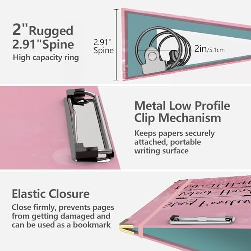 3 Ring Binder 2 Inch, Cute Pink Round Ring Binders with 6 Tab Dividers, Labels Stickers, Low Profile Clipboard with Storage, Fashion Binder School Office Supplies(Stay Positive) - color: Stay Positive
