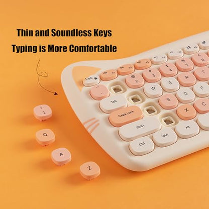Cute Cat 2.4G USB Wireless Keyboard and Mouse Combo, Silent Keys, Candy Colors, Compatible with Notebook, PC (MilkTea-84Keys) - color: MilkTea-84Keys