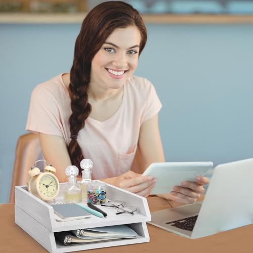 DoubleFill 2 Pcs Wooden Letter Trays 2 Tier Desktop Paper Organizer Wood Letter-Size Desk Document Tray Heavy Duty Stackable Paper Drawer Holder File Folder Back to School Office Home (White) - color: White