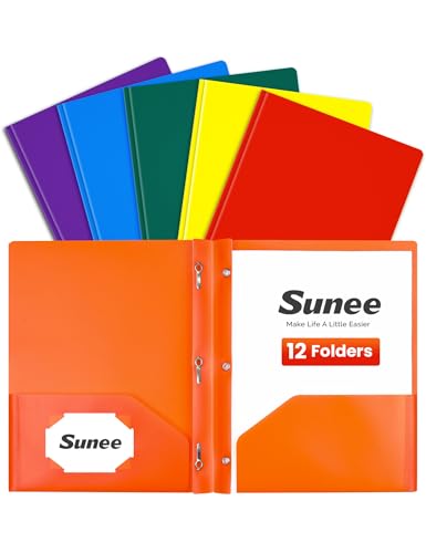 SUNEE 2 Pocket Folders with Prongs (12 Pack, Assorted Color) Plastic Folders with Pockets and Prongs Fit Letter Size, Poly Folders with Pockets for School Office Home Business - color: Bright Colors, style: 12 Pack