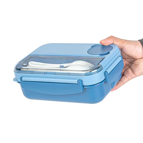 Restaurantware Bento Box 1 Count 44 Ounce Plastic Lunch Box With Cutlery, Leakproof Microwave-Safe Meal Prep Container Reusable Versatile Blue for Travel - size: 1 Count, style: 44 oz - Blue