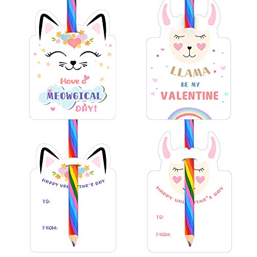 Valentines Day Cards for Kids - Set of 24 Rainbow Pencils Unicorn Valentines - Class Party Favors Valentine day cards Exchange Bulk for Girls Boys School Classroom Supplies