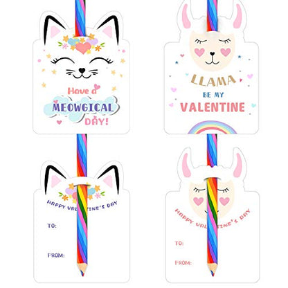 Valentines Day Cards for Kids - Set of 24 Rainbow Pencils Unicorn Valentines - Class Party Favors Valentine day cards Exchange Bulk for Girls Boys School Classroom Supplies