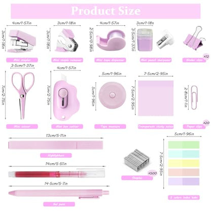 Mini School Supplies Kit, Pink Stapler with Staples and Tape Dispenser Set, Mini Stationary Set Includes Sticky Notes Index Tabs Highlighters Gel Pens for Office & Back to School Supplies - color: Pink