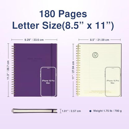 AuroPlanner Undated Daily Planner Notebook 8.5x11 Hourly Schedule Purple | office & student planning, 180 pages 100 GSM cream white paper hardcover spiral bound notebook, 2026-2028 reference calendar - color: Indigo