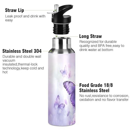 Purple Butterfly Lilac Flowers Water Bottle Women Men Insulated Stainless Steel Water Bottles with Straw Lid Leakproof Water Flask for Sports 20 oz