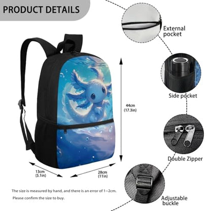 CLOHOMIN Cute Blue Axolotl Backpack with Matching Lunch Boxes 3 in 1 Book Bag and Lunch Tote & Water Bottle Bag Elementary/Middle School Bag Set Kids Bookbag Ages 8-12 Girls with Lunch Bag - color: Cute Blue Axolotl